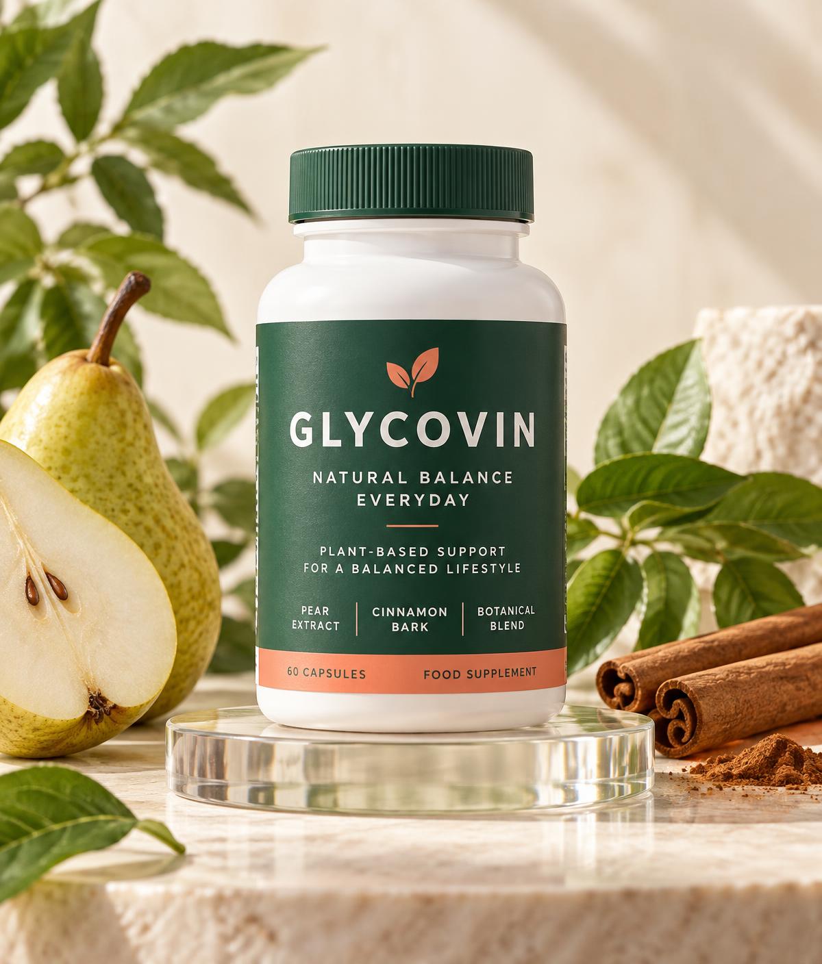 Editorial illustration of a Glycovin supplement bottle with pear and cinnamon