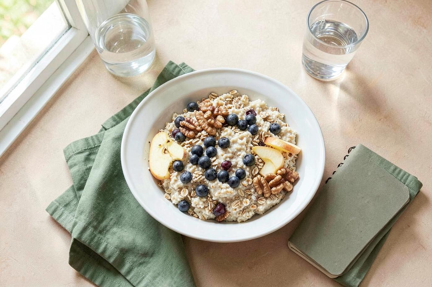Balanced breakfast with oatmeal, fruit, nuts, and water beside a notebook