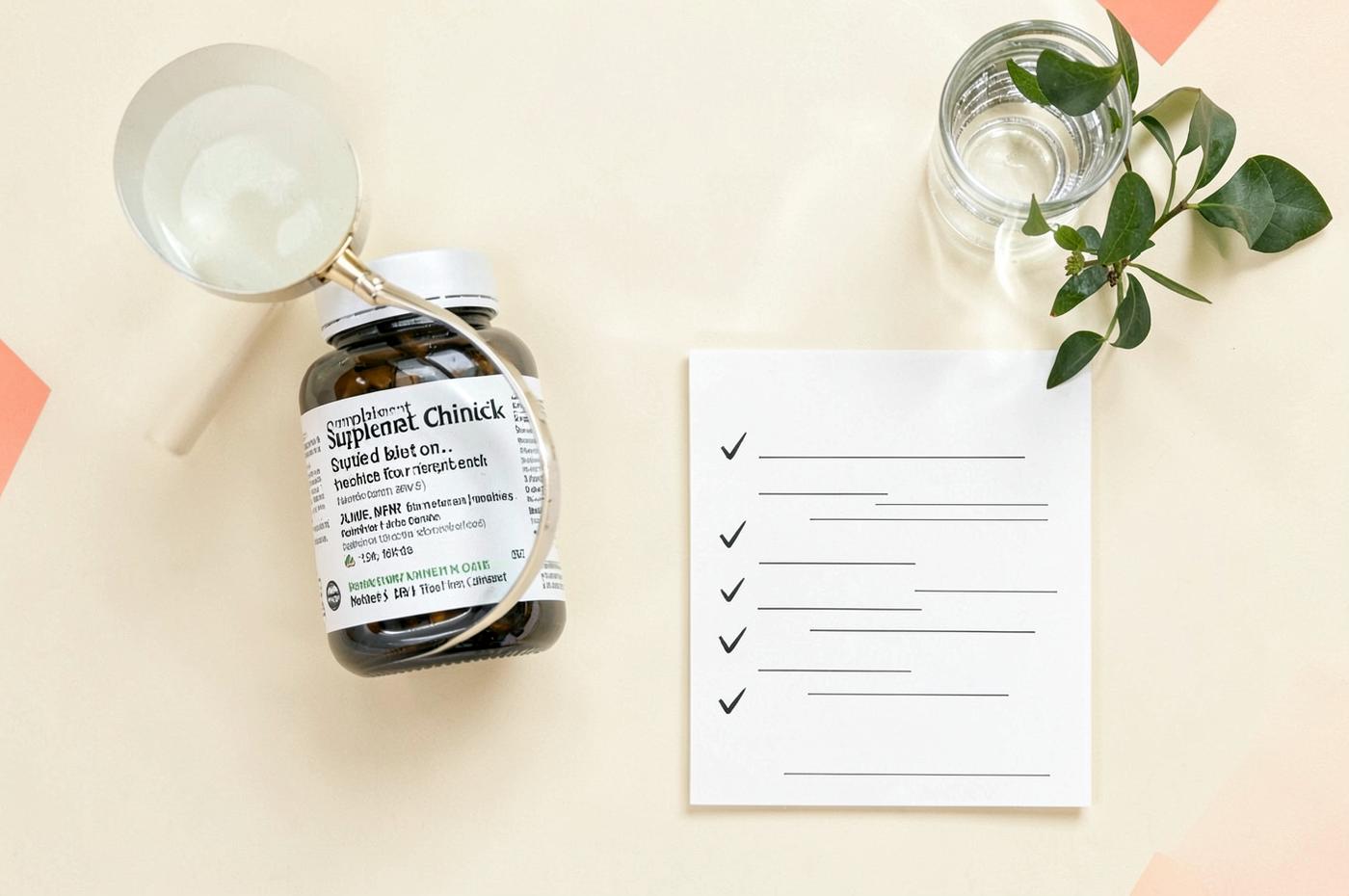 Supplement bottle, magnifying glass, water, and a checklist used to illustrate label research